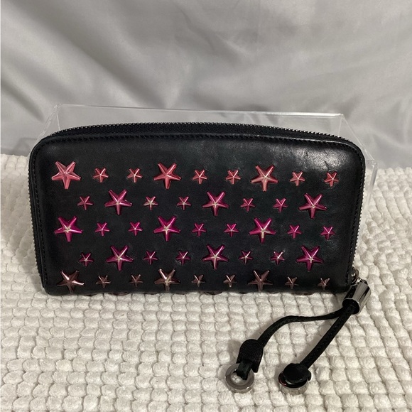 Jimmy Choo RARE Pink Star Studded Long Zippy Black Leather Wallet Clutch - Picture 15 of 15